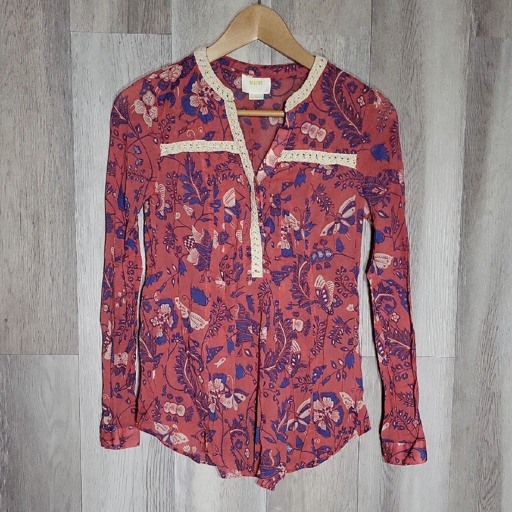 Maeve Anthropologie Womens 0 Abella Blouse‎ Peplum Crochet Floral Boho Western